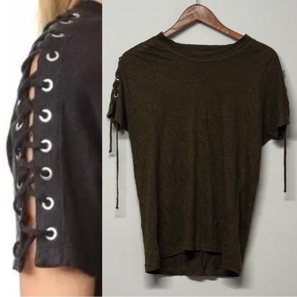 Iro Steiro 100% Linen Grommet Corset Laced-Sleeve Deep Green Tee Shirt Xs